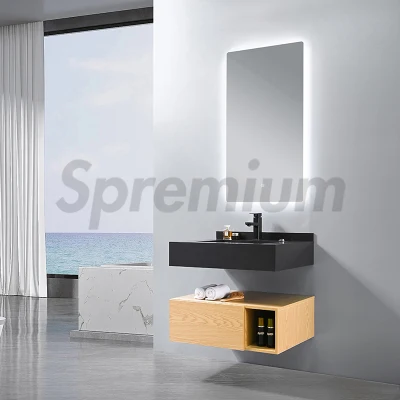 Muebles de gabinetes de pared de tocador de baño con panel de madera minimalista moderno europeo con cajón y espejo